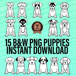以下が含まれることがあります： PNG形式の白黒の子犬のイラスト15点セット。子犬は座っている、立っている、横になっているなど、さまざまなポーズをとっています。イラストは、ウェブサイトのデザイン、ソーシャルメディアのグラフィック、印刷可能なクラフトなど、デジタルプロジェクトでの使用に最適です。