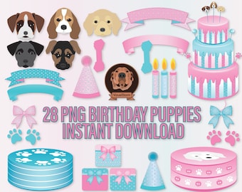 Birthday Puppies Clipart - Png Puppy Party, Pet Faces, Digital Banners, Birthday Cakes, Paw Prints, Party Hat, Birthday Candles, Card Making