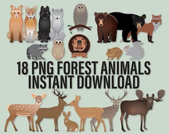Woodland Animals Clipart Bundle - Png Forest Illustrations, Wildlife Scrapbooking, Deer and Stag, Moose, Fox, Owls, Rabbit, Coyote, Wolves