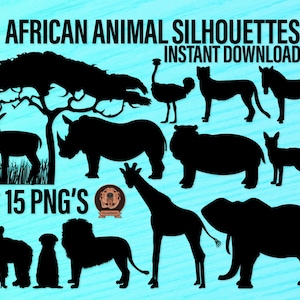 Animals on Safari Silhouette Clipart Bundle with Ostrich Jackal Zebra Antelope Rhino Hippo Cheetah Chimp Meerkat Giraffe Elephant and Vegetation