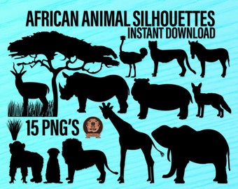 African Animal Silhouettes Clipart Bundle - Png Africa Wildlife & Vegetation, Wild Animals Clip Art, Digital Safari Illustrations, Serengeti