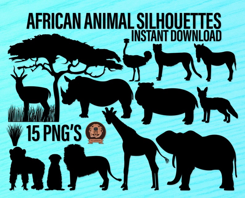 Animals on Safari Silhouette Clipart Bundle with Ostrich Jackal Zebra Antelope Rhino Hippo Cheetah Chimp Meerkat Giraffe Elephant and Vegetation