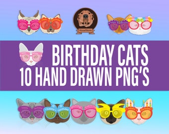 Funny Cat Birthday Clipart - Cute Kitty Faces, Humorous Pet Clip Art for Card Making & Birthday Designs, Png Party Cats Wearing Glasses