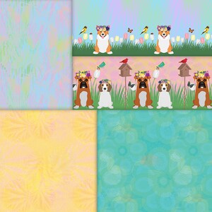 May include: A digital collage of four different patterns. The top left pattern is a light blue and pink watercolor-like design. The top right pattern is a repeating pattern of dogs wearing flower crowns and sitting in a grassy field with birds and butterflies. The bottom left pattern is a yellow and pink watercolor-like design. The bottom right pattern is a turquoise and blue watercolor-like design with a floral pattern.
