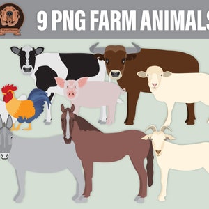 PNG Bauernhof Tiere Clipart Veganes Kinderzimmer Handwerk, Kuh, Bulle, Hahn, Huhn, Pferd, Schwein, Schaf, Ziege, Digital Farming, Barnyard Illustration Bild 1