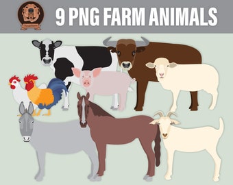 PNG Farm Animals Clipart - Vegan Nursery Craft, Cow, Bull, Rooster, Chicken, Horse, Pig, Sheep, Goat, Digital Farming, Barnyard Illustration