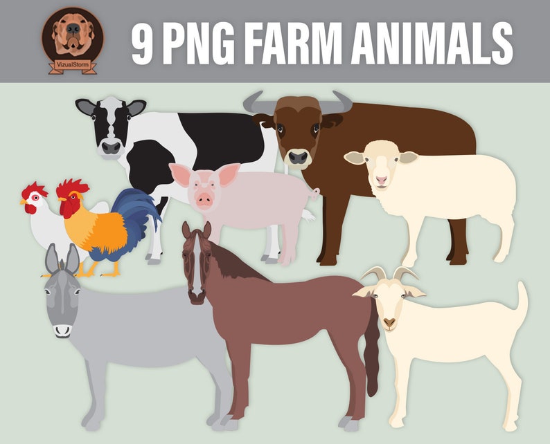 PNG Bauernhof Tiere Clipart Veganes Kinderzimmer Handwerk, Kuh, Bulle, Hahn, Huhn, Pferd, Schwein, Schaf, Ziege, Digital Farming, Barnyard Illustration Bild 1