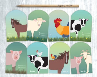 Printable Farm Animal Gift Tags - Barn Animals in Meadow Horse Sheep Pig Cow Rooster Goat, To/From and Thank You Tags - INSTANT DOWNLOAD