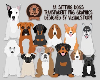 Front Sitting Dogs Clipart - 12 Png Dog Breeds, Pitbull, Corgi, Dachshund, Husky, Boxer, Beagle, Poodle, Bulldogs, Hounds, Pug, Rottweiler