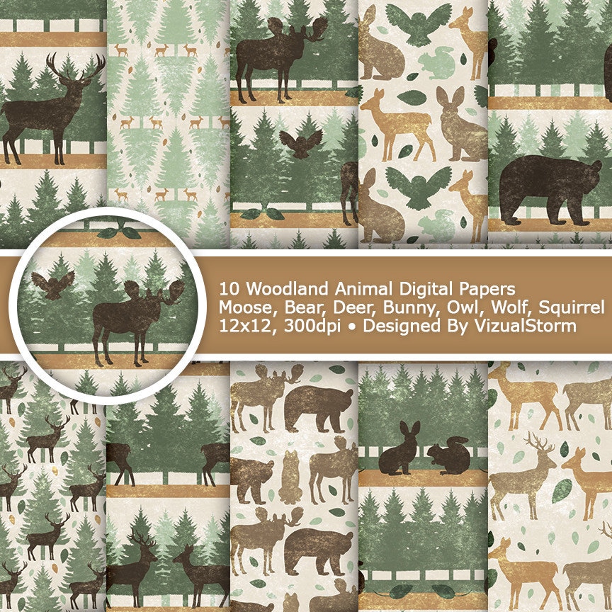 Digital Scrapbooking Paper Forest Animals Printables Woodland Digital Paper Bundle Printable Digital Paper Junk Journal Digital Paper