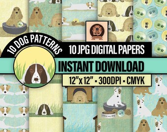 Spoiled Dogs Digital Paper - I Love My Pet Scrapbooking, Lounging Chow Chow, Cocker/Springer Spaniels, Bull/Jack Russel Terriers, Handmade