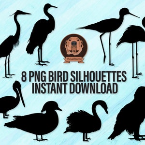 Bird Silhouettes Png Digital Shorebirds Clip Art, Bald Eagle, Swan, Pelican, American Flamingo, Wood Duck, Great Blue Heron, Snowy Egret image 1