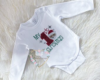 Girls Personalized  Santa 1st Christmas Tee | Santa Tee | Custom Santa Girl T-shirt | Embroidered Santa T-Shirt | Santa Shirt