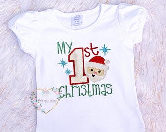 Girls Personalized  Santa 1st Christmas Tee | Santa Tee | Custom Santa Girl T-shirt | Embroidered Santa T-Shirt | Santa Shirt