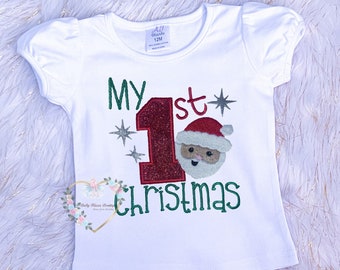 Girls Personalized  Santa 1st Christmas Tee | Santa Tee | Custom Santa Girl T-shirt | Embroidered Santa T-Shirt | Santa Shirt