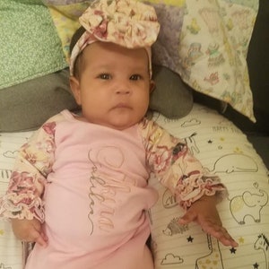 Floral Sleeve Baby Gown & Headband | Baby Headband | Personalized Baby Gift | Coming Home Outfit | Baby Shower Gift | Baby Gift | Baby Gown