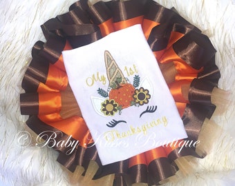 1er Atuendo de Unicornio Tutu de Acción de Gracias, Camisa de Unicornio, Tutu de Niñas, Tutu de Naranja, Tutu de Cinta, Unicornio de Acción de Gracias, Traje de Acción de Gracias de las Niñas