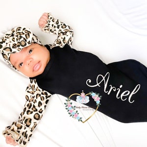 Leopard Sleeve Baby Gown & Headband | Baby Headband | Personalized Baby Gift | Coming Home Outfit | Baby Shower Gift | Baby Gift | Baby Gown