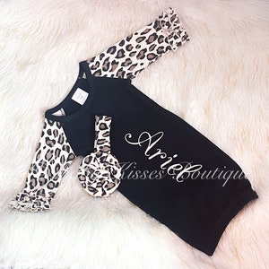 Leopard Sleeve Baby Gown & Headband | Baby Headband | Personalized Baby Gift | Coming Home Outfit | Baby Shower Gift | Baby Gift | Baby Gown