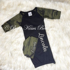 Camo Sleeve Baby Gown Hat | Baby Headband | Personalized Baby Gift | Coming Home Outfit | Baby Shower Gift | Baby Gift | Baby Gown With Name