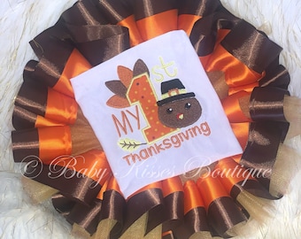 1er Traje de Tutu de Pavo Peregrino de Acción de Gracias, Camiseta de Pavo, Tutu de Niñas, Tutu de Naranja, Tutu de Cinta, Traje de Acción de Gracias de las Chicas de Pavo de Acción de Gracias