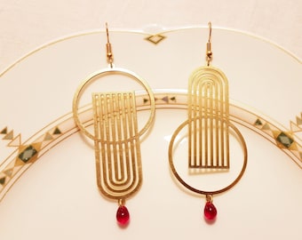 Large statement earrings *ART DECO style* Brass, red glass bead