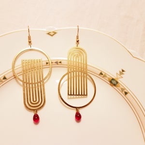 large statement earrings *ART DECO* brass, red glass bead