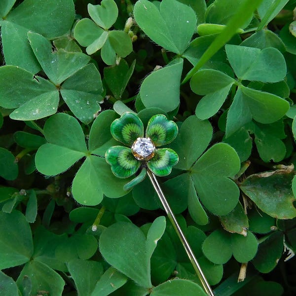 Lovely Victorian Art Nouveau 14K Gold Solitaire Diamond Green Enamel Lucky Shamrock Clover Stick Pin ! Ireland ! Saint Patrick LUCKY IRISH