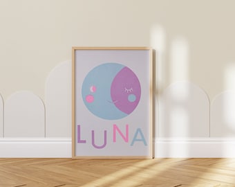 Moon Art Print, Nursery Art Print, Baby Boy Gift, Baby Girl Gift, A4, Risograph Print Children&#39;s Bedroom Wall Decor, Baby Shower Gift.