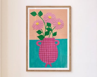 Flowers Wall Art, Modern Art Print, Pink, Blue, Flowers, Living Room, Kitchen, Bedroom, Plant Poster, Gallery Wall A4, Glicee Art Print.