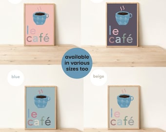 Le Café Poster: French Coffee Shop Art Print in Pink, Blue, Beige, Purple and White