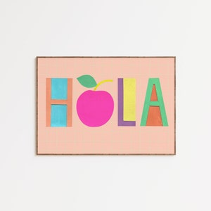 Hola Neon Print Wohnzimmer Küche Retro Poster Spaß Typografisch Grußplakate Hallo Hola Bonjour Moderne Print Schilder