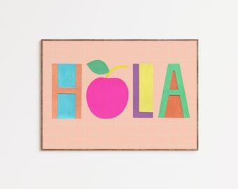 Hola Neon Print Living Room Kitchen Retro Poster Fun Typographic Greeting Posters Hello Hola Bonjour Modern Print Signs