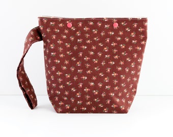 Brown floral sock knitting project bag with snaps