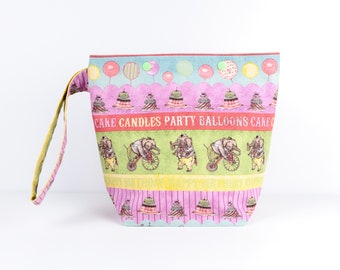 Birthday knitting bag, small snap project bag, party cake, balloons, elephants and clowns crochet storage