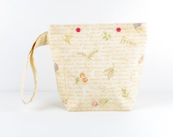 Botanical knitting bag, project bag with flowers, zipperless sock project storage