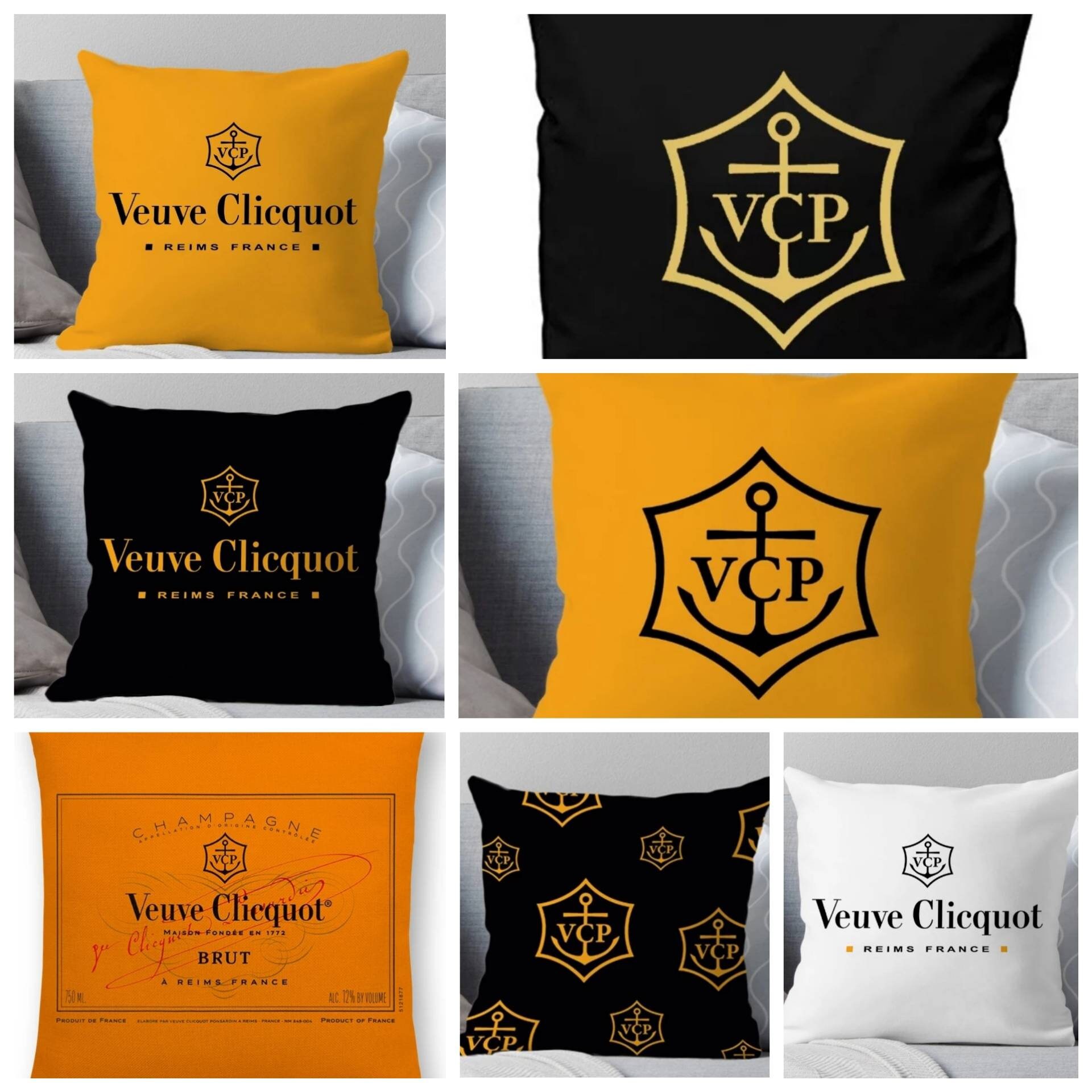 Veuve Clicquot cushion cover double sided print | yellow, orange, bla…