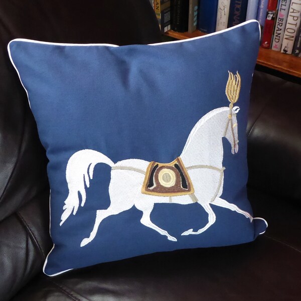 Luxury Royal blue horse cushion cover pillow case embroidered dressage equestrian thick cotton available in 3 colors