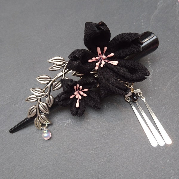 Grande Pince bec pélican kanzashi fleur CERISIER noir