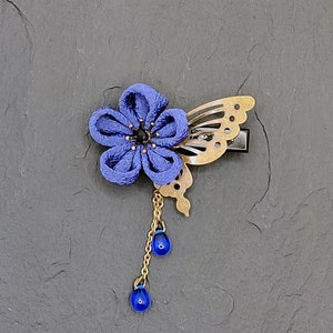 Barrette kanzashi japonaise PAPILLON fleur prunier Bleu image 1