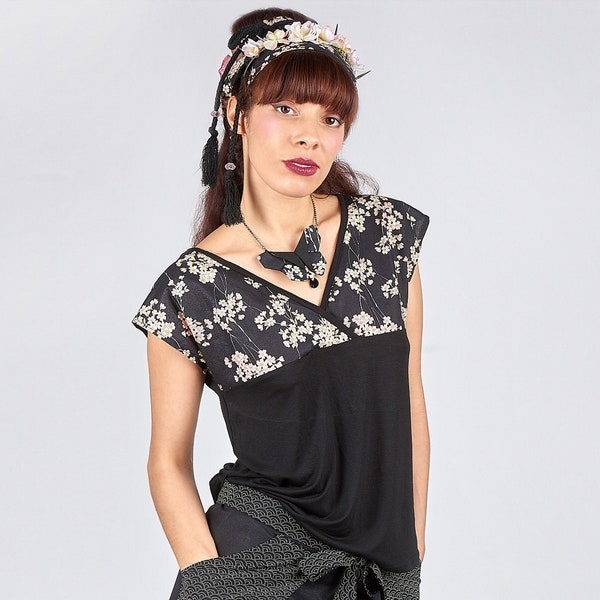 T-shirt tissu japonais col kimono NAOKO sakura noir