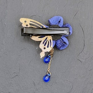 Barrette kanzashi japonaise PAPILLON fleur prunier Bleu image 2