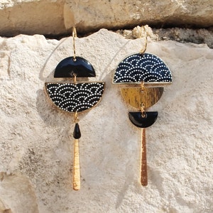 Asymmetrical black and gold wave Japanese paper earrings