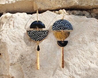 Asymmetrical black and gold wave Japanese paper earrings