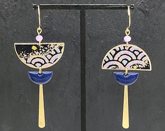 Earrings in japanese washi paper Disco wave and gold plated brass
