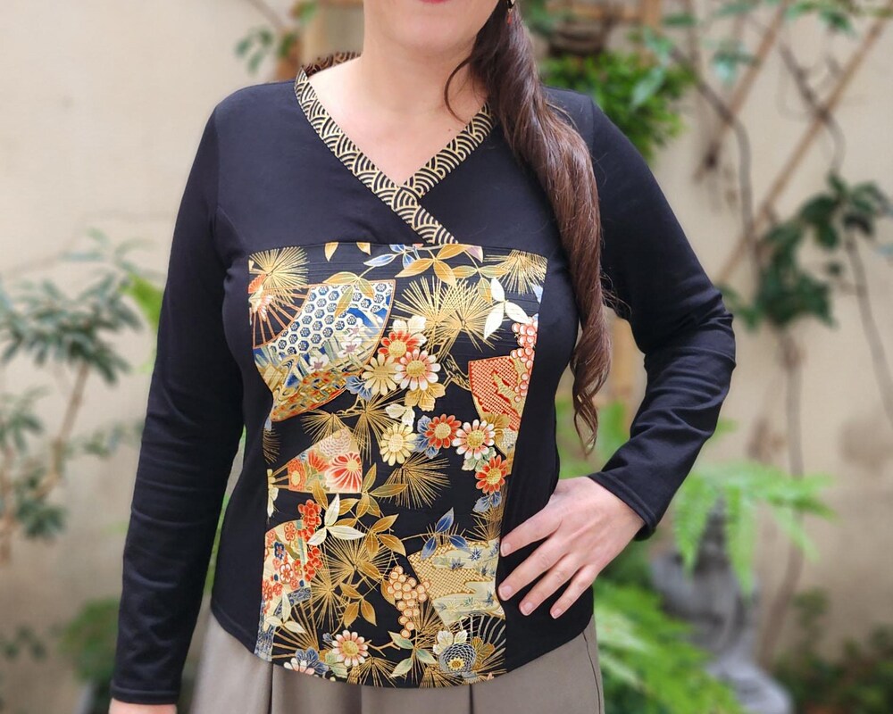 Shirtless Style Long Sleeves Black T-Shirt With Japanese Fabric