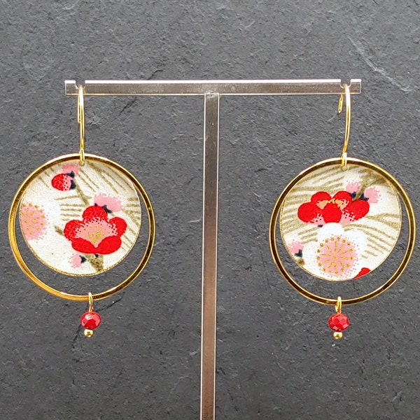 Earrings in japanese washi paper Hanami and gold plated brass