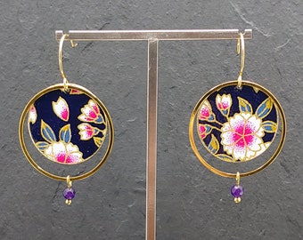 Boucles d'oreilles ASAHI en papier washi Prunier violet et laiton doré à l'or fin