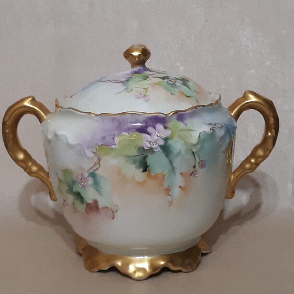 Haviland France Hand Painted Gold Trim Floral French Sugar Bowl Jar With Lid