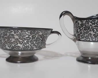 Vintage Glass Silver Floral Silver Overlay Sugar Creamer and Sugar Bowl 2pc Set